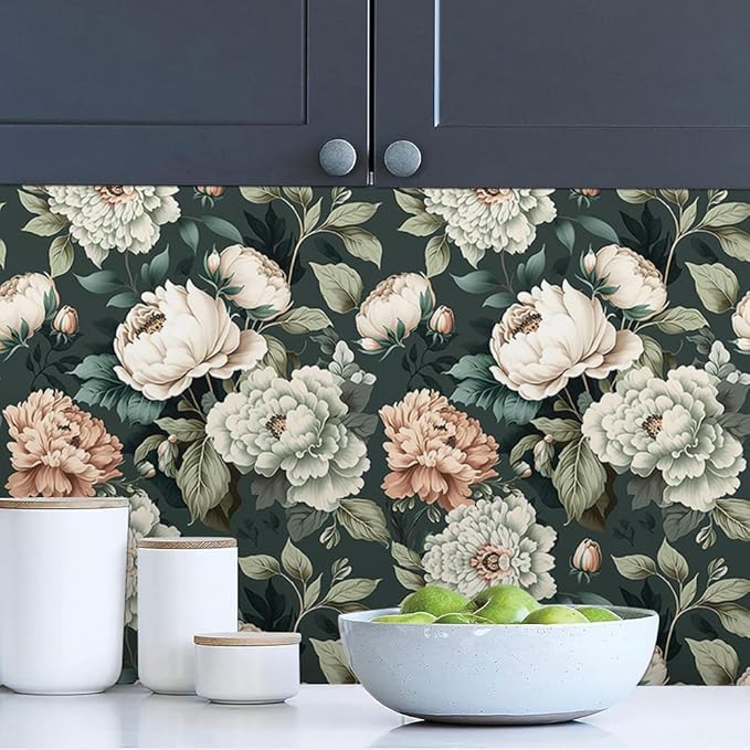 Dark Green White Peonies Vintage Floral Peel and Stick Wallpaper Wall Decor - Image 2