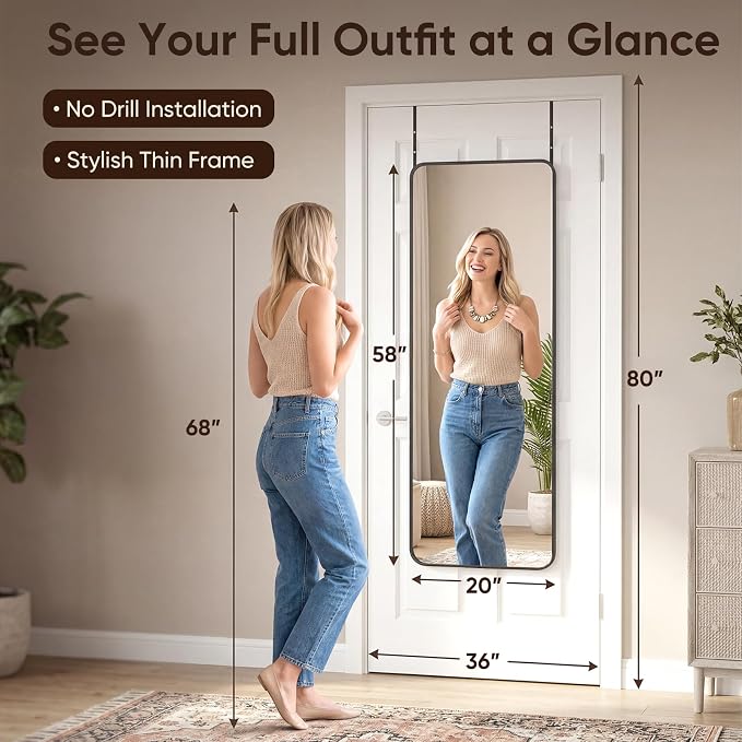 Antok 58"x20" Over the Door Mirror, Full Length Mirror Door Hanging - Image 2