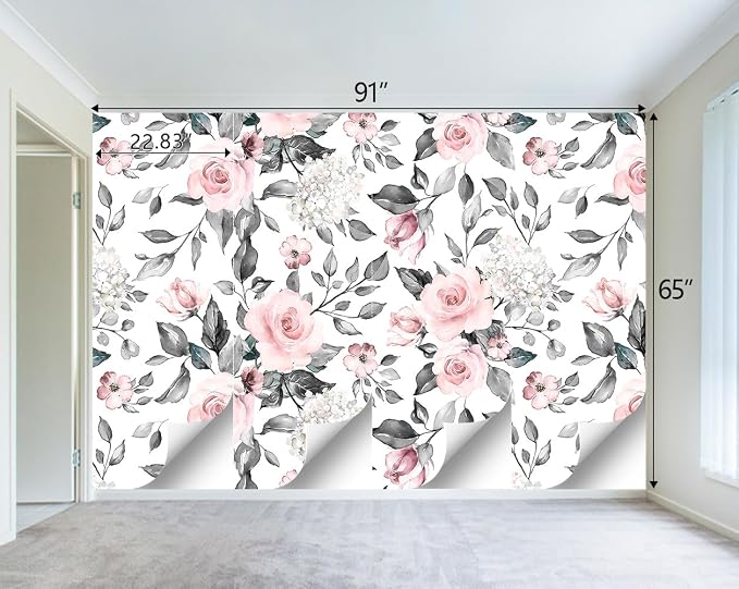Grey Leaf Pink Flowers Mural Bedroom Floral Wallpaper Room Decor Living Room tv - Image 4