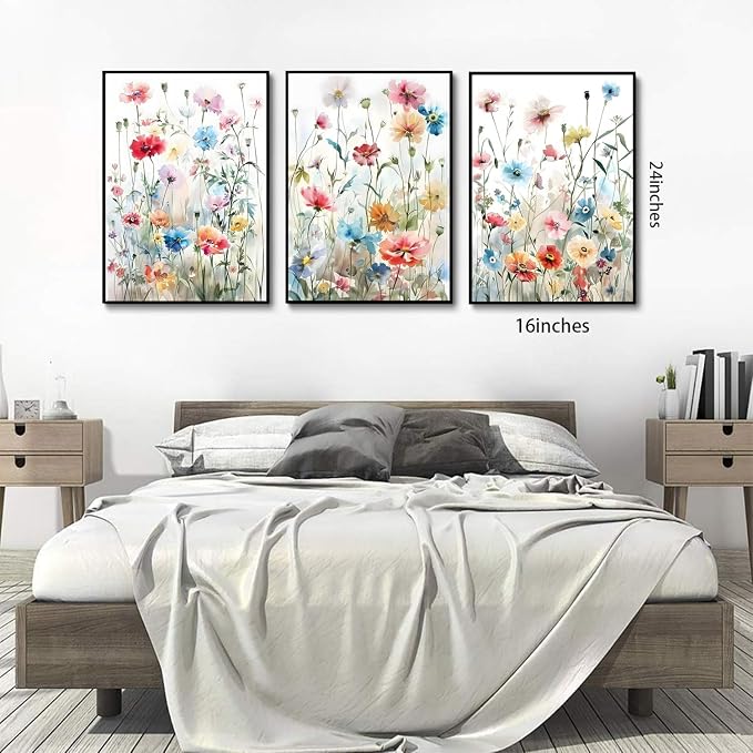 KISSFOX Framed Colorful Wildflower Canvas Wall Art Set Of 3 Flowers Pictures - Image 4