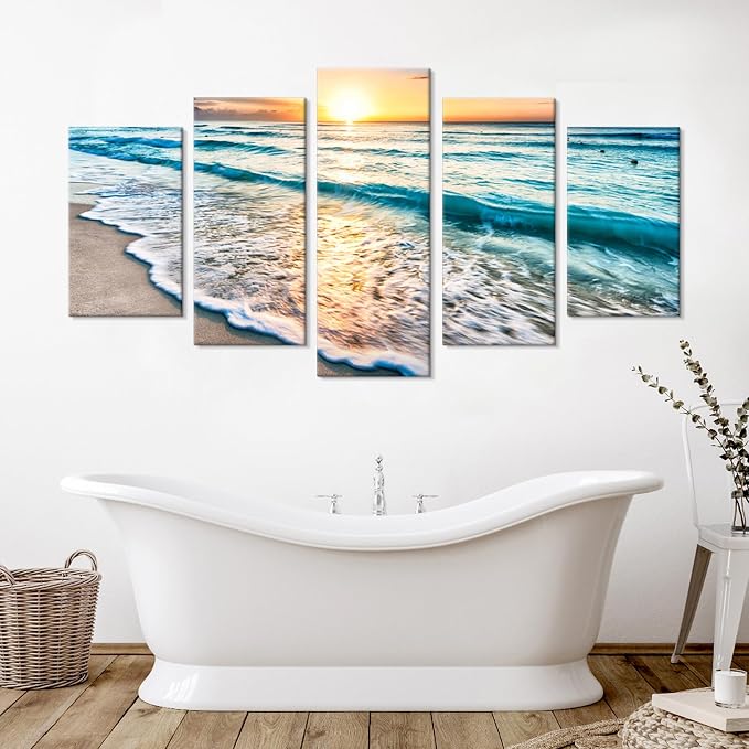 Goldfoilart 5 Pieces Beach Coastal Wall Art Sea Sunset Seascape Pictures Ocean - Image 4
