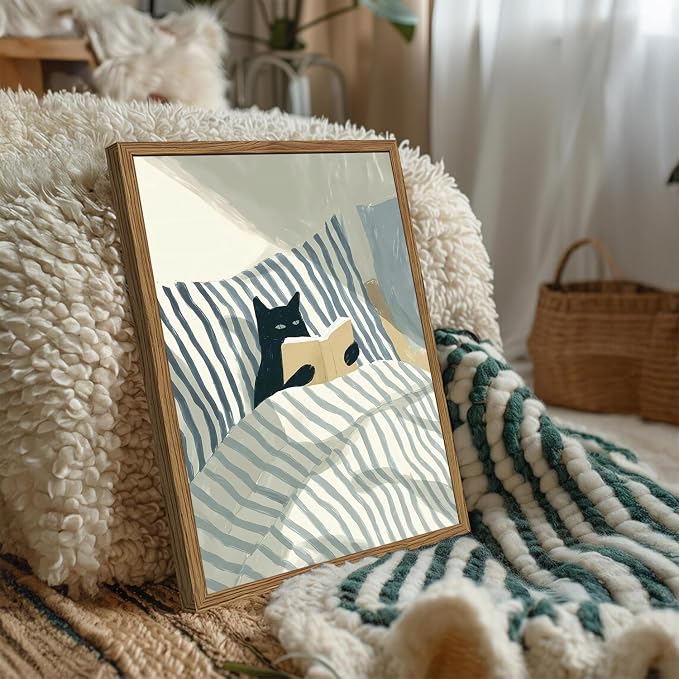 Funny Black Cat Wall Art Painting, Whimsical Cat in Stripe Bed Reading Wall - Image 2