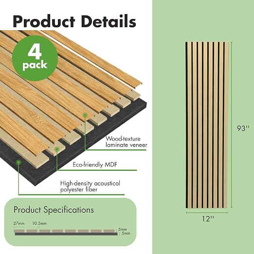 Art3d 4-Pack 12" x 93" Soundproof Wood Slat Panels, 31 sq.ft Acoustic Wall - Image 3