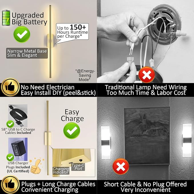 Set of 2 Battery Powered Linear Tube Rechargeable Gold Wall Sconce, Modern - Image 3