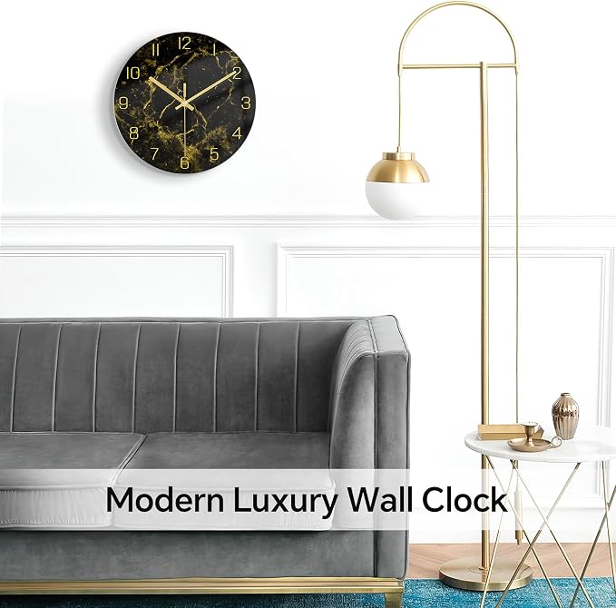 VIKMARI Black Modern Marble Texture Clock Gold Hands Rustic Kitchen Decor 12 - Image 3