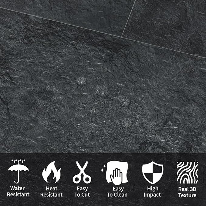 AULIGET 6" x 12" Black Slate Peel and Stick Backsplash Wall Tiles, PVC Faux - Image 2