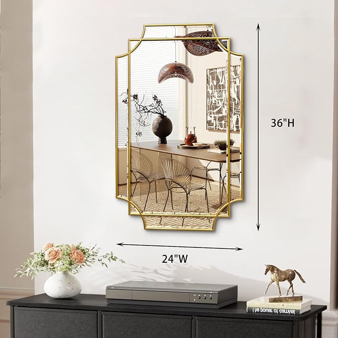 HQiJun Gold Mirror for Wall, 36x24 Gold Wood Framed, Scalloped Beveled Polished - Image 9