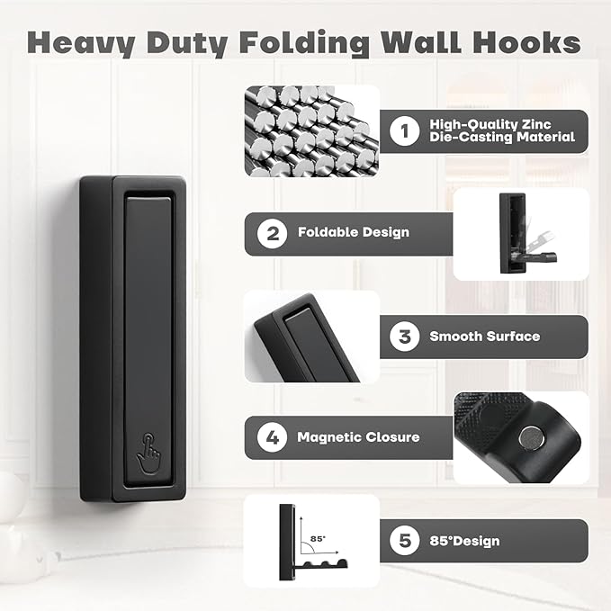 Folding Wall Hooks, Heavy Duty Zinc Alloy No Rust Fold Up Hooks - Image 3