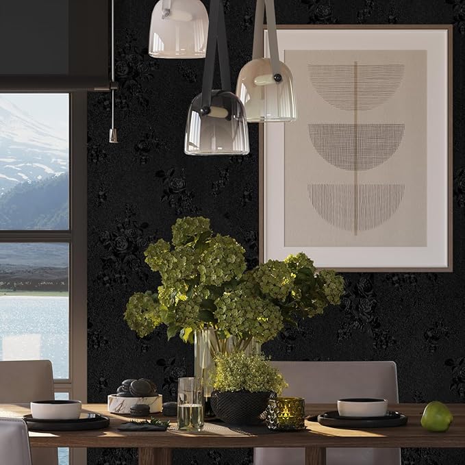 Black Peel and Stick Wallpaper Floral Black Wallpaper 17.7inch x 118.1inch - Image 4