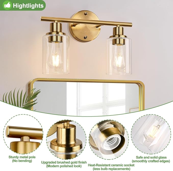 Zarbitta 2-Light Bathroom Light Fixtures, Brushed Gold Vanity Light, Modern - Image 4