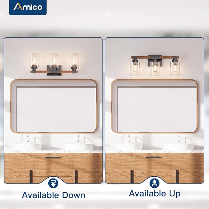 Amico 3-Light Farmhouse Vanity Light Fixture, Rustic Wood Bathroom Light - Image 8
