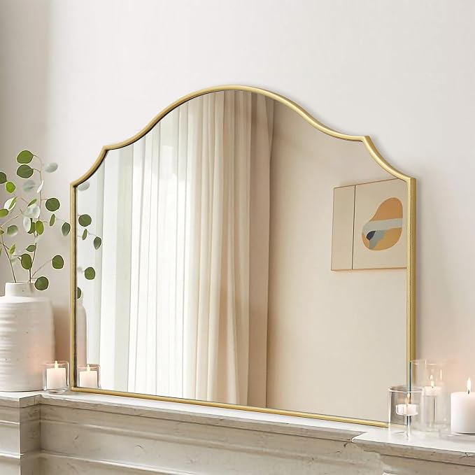 Besdomus Gold Scalloped Mirror for Dresser: 35"x26" Modern Wooden Mantel Mirror by Besdomus