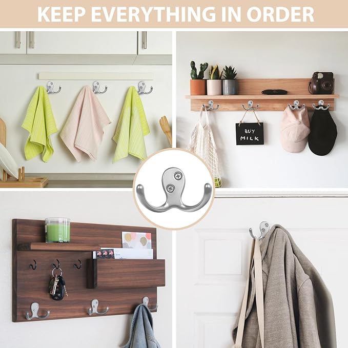 Homanu 24 Pack Coat Hooks, Heavy Duty Double Prong Coat Hooks Wall Mounted - Image 2