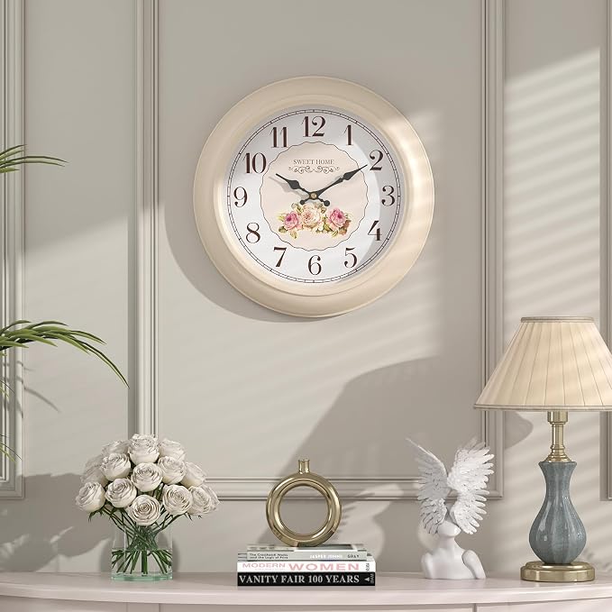 Abdurey Sweet French Rose Style Wall Clock, Battery Operated Silent, Creamy - Image 4