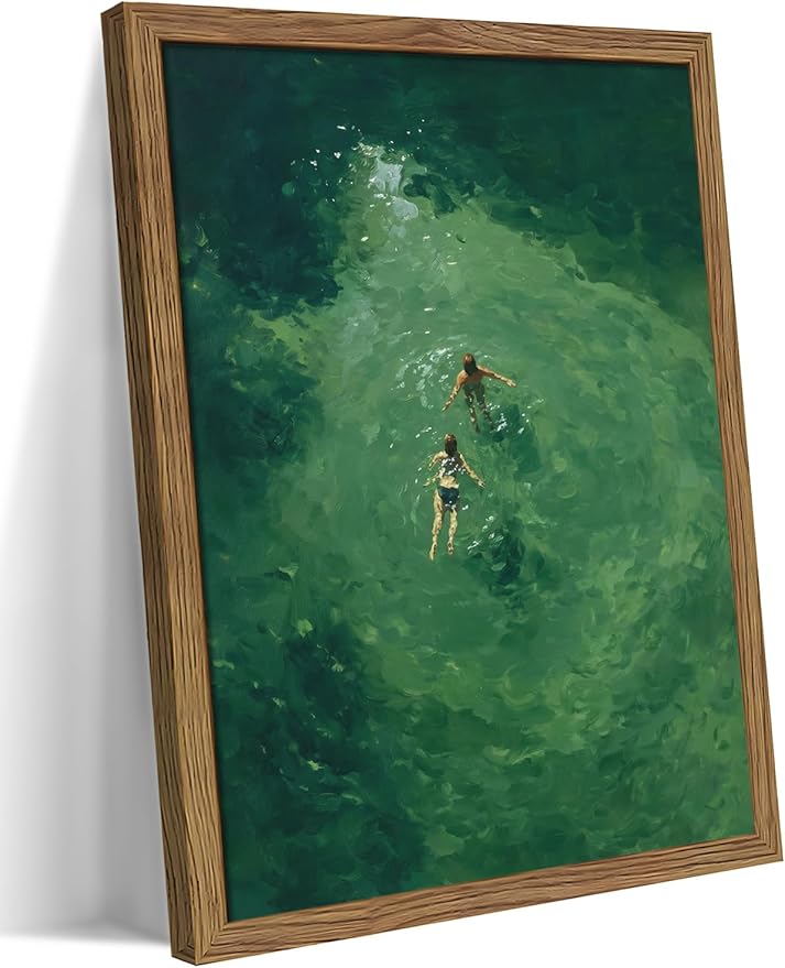 Framed Green Abstract Wall Art, Vintage Summer Swimming Canvas Wall Decor by Unknown