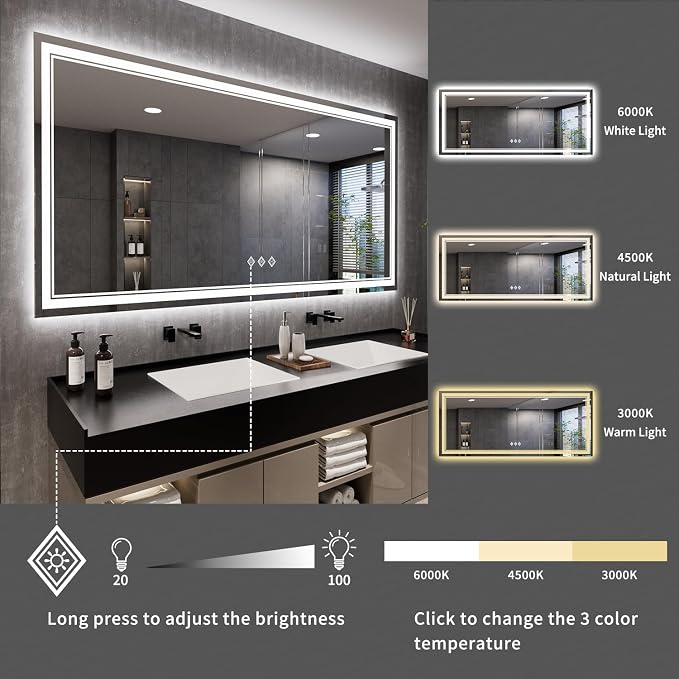 Bathroom Mirrors for Wall, 88x38 Inch Gradient Front and Backlight Big Lighted - Image 5