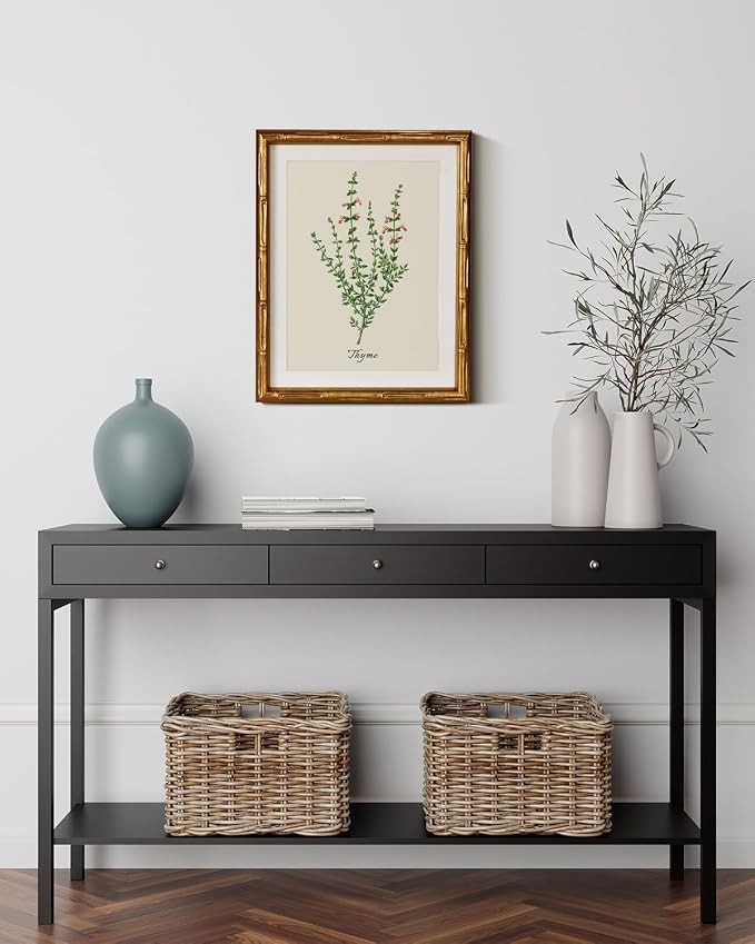 InSimSea Gold Bamboo Framed Canvas Wall Art, Vintage Watercolor Thyme Herbs - Image 2