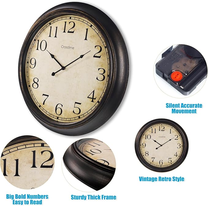 Crosstime 24 Inch Wall Clock Battery Operated Silent Round Vintage Large Wall - Image 3