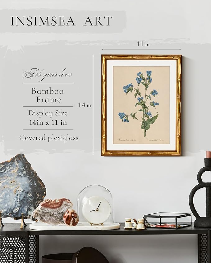 InSimSea Gold Bamboo Framed Canvas Wall Art, Retro Blue Myosotis Botanical - Image 3