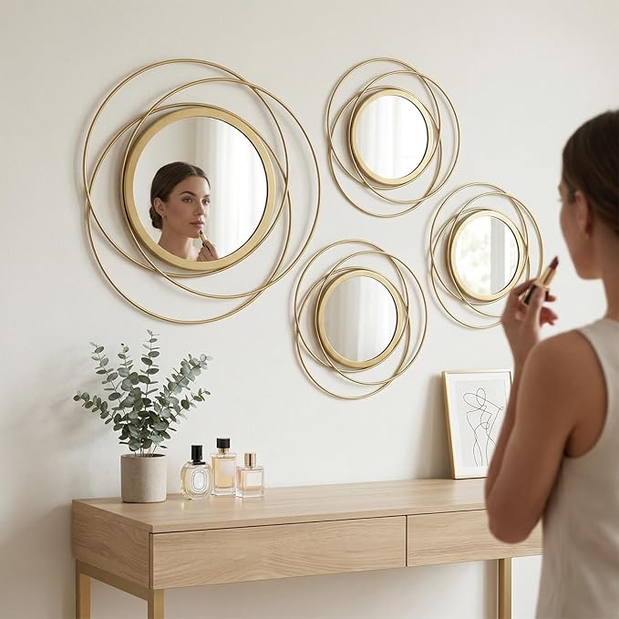 4 Piece Gold Round Wall Mirror Set Modern Metal Circle Home Decor - Image 2