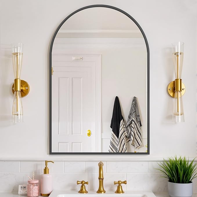 Bathroom Mirror for Wall, 38x26 Inch Arched Mirror, Matte Black Metal Framed - Image 5