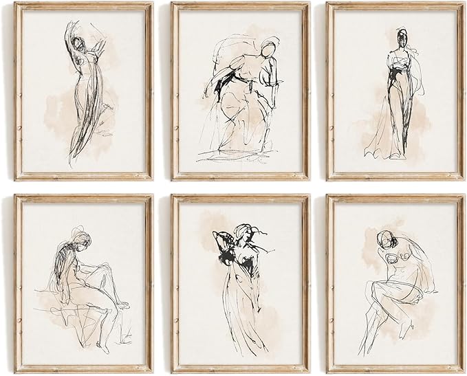 Vodefoad Figure Sketch Art Print Neutral Gallery Wall 6Pcs Set Soft feminine by VodefoadVintageWallArt