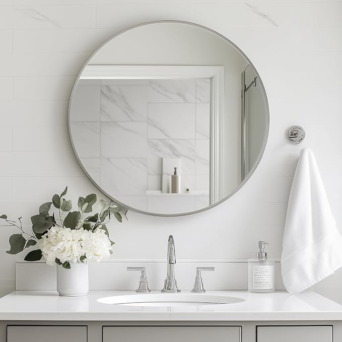 Oruii Silver Round Mirror, Round Mirror 24 inch Brushed Nickel, Circle Wall - Image 4