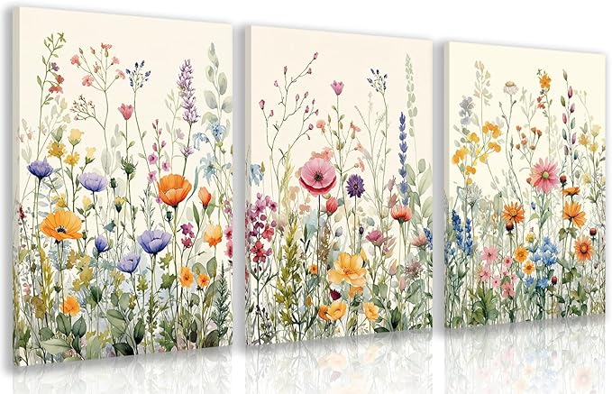LLEEMPI Framed Watercolor Floral Wall Art Set of 3, Colorful Wildflower Wall by Unknown