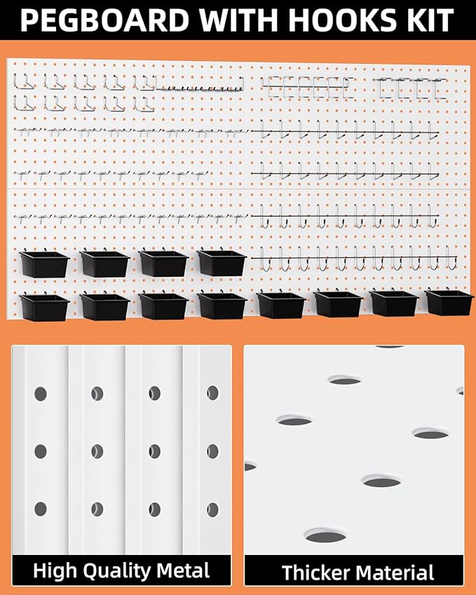 INCLY 158PCS Metal Pegboard Wall Organizer, 48x24 Inch White Pegboard Panels - Image 6
