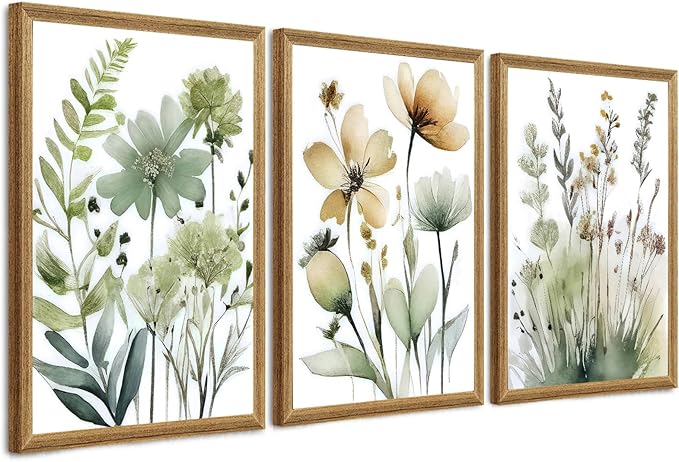 SYWENNOI 3 Pieces Wood Framed Green Botanical Canvas Wall Art, Boho Floral by SYWENNOICanvasWallArt
