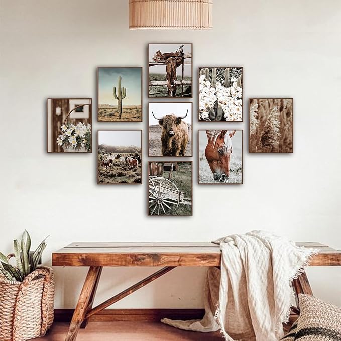tgguytiy 9 Pcs Western Vintage Farmhouse Poster Canvas Wall Art Highland cattle - Image 5
