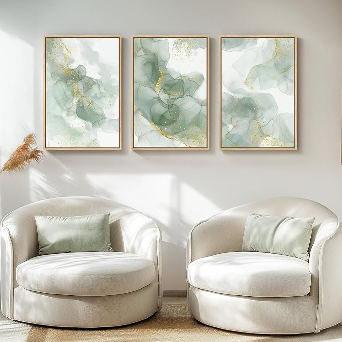 Framed Sage Green Abstract Wall Art, 3 Piece Modern Canvas Prints Paintings - Image 2
