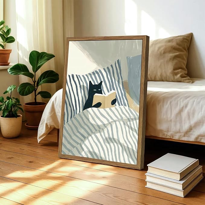 Funny Black Cat Wall Art Painting, Whimsical Cat in Stripe Bed Reading Wall - Image 4