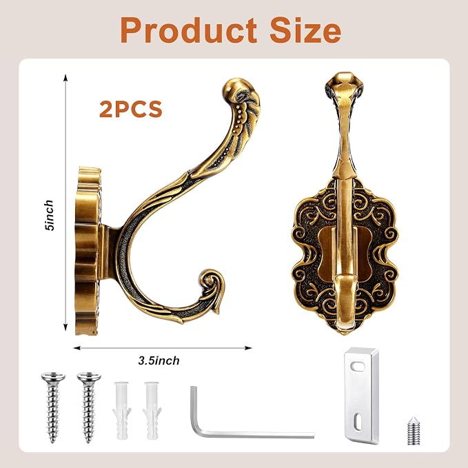 Zonon 2 Pcs Antique Gold Wall Hooks Set Vintage Coat & Towel Hooks - Image 2