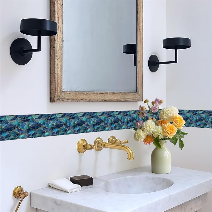 Blue Geometric Mosaic Wallpaper Border 196x4 Inch Peel and Stick Wall Border - Image 5