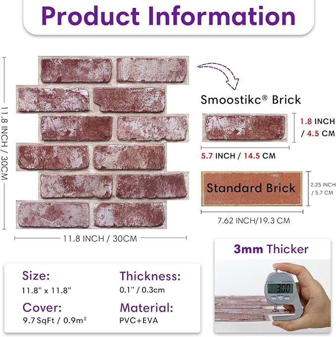 3D Faux Brick Wall Panels Peel and Stick, Small Brick-Look Textured Wall Sticker - Image 3