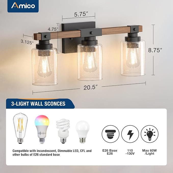 Amico 3-Light Farmhouse Vanity Light Fixture, Rustic Wood Bathroom Light - Image 5