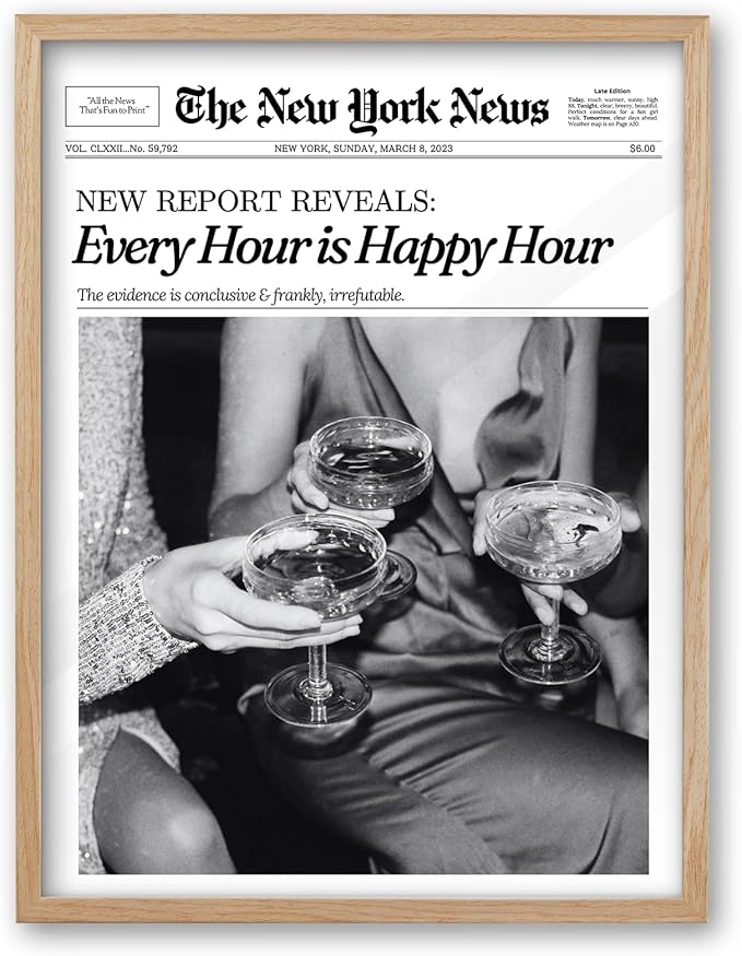 iHery Every Hour is Happy Hour Small Framed Trendy NewsPaper Wall Art, Natural by iHery