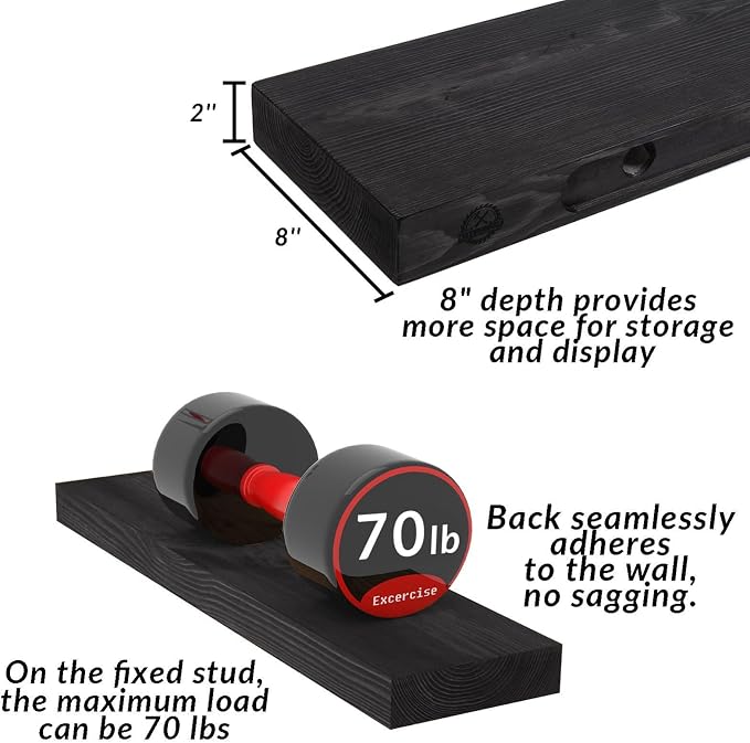 60 inch Black Floating Shelves for Wall 8 -inch deep Set of 2, Heavy Duty Solid - Image 3