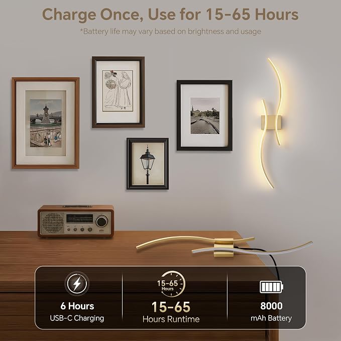 Battery Operated Wall Sconce Set of Two, Dimmable Modern LED Rechargeable Wall - Image 4