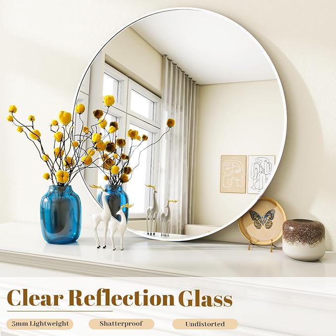 VooBang White Round Bathroom Mirror, 24 inch Circle Wall Mounted Hanging Mirror - Image 4