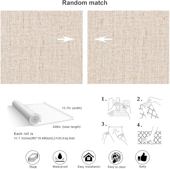 Beige Textured Contact Paper Grasscloth Wallpaper Peel and Stick Linen Self - Image 4