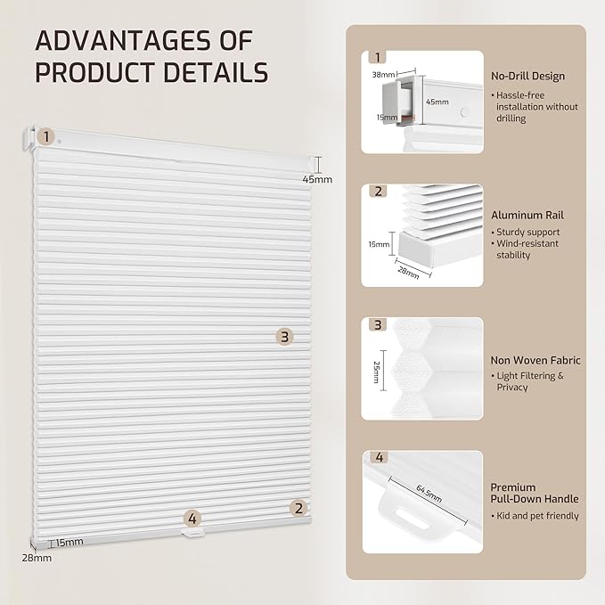 Grandekor No Drill No Tools Cordless Cellular Shades, 35.5" W x 64" H, Light - Image 9