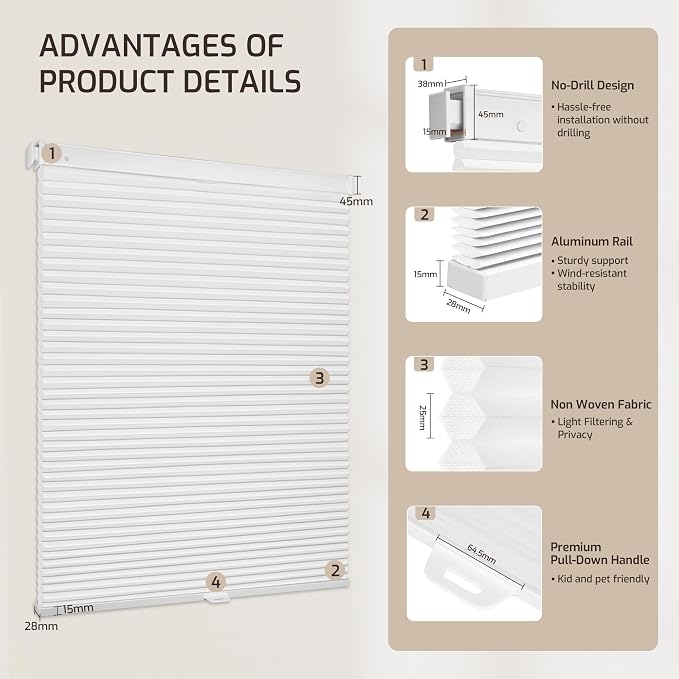 Grandekor No Drill No Tools Cordless Cellular Shades, 36.5" W x 64" H, Light - Image 9