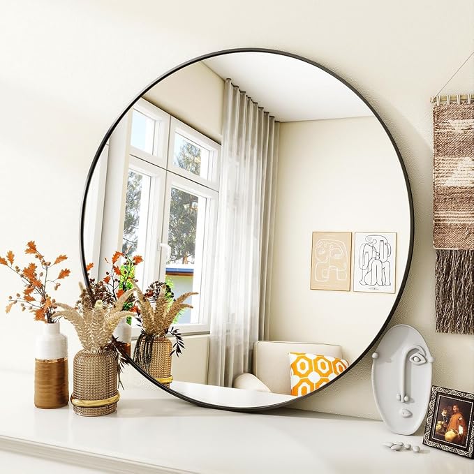 VooBang Black Round Bathroom Mirror, 30 inch Circle Wall Mounted Hanging Mirror - Image 2