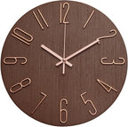 Wall Clock 12 Inch Silent Non-Ticking Imitation Wood Indoor Clock Round Brown by BAKBRAND