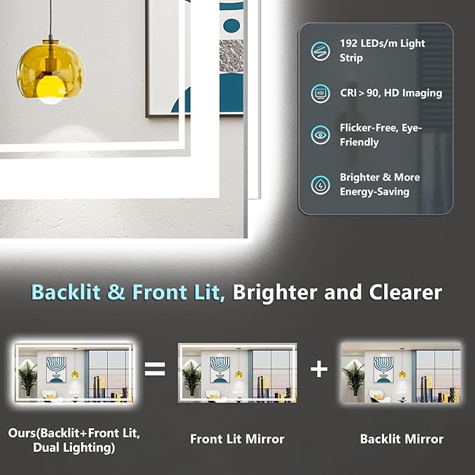 72x36 LED Bathroom Mirror with Lights, Backlit and Front Lit Anti-Fog Lighted - Image 3