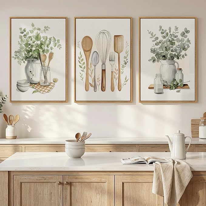 Framed Botanical Wall Art for Kitchen, 3 Piece Modern Farmhouse Sage Green by Cuspin