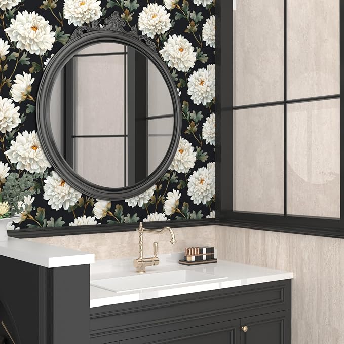 Laatse Black White Floral Peel and Stick Wallpaper Chrysanthemum Contact Paper - Image 7