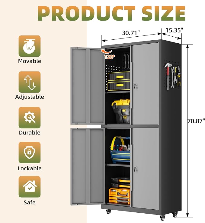 Garage Storage Cabinet with Wheels, Lockable Metal Storage Cabinet - Image 3
